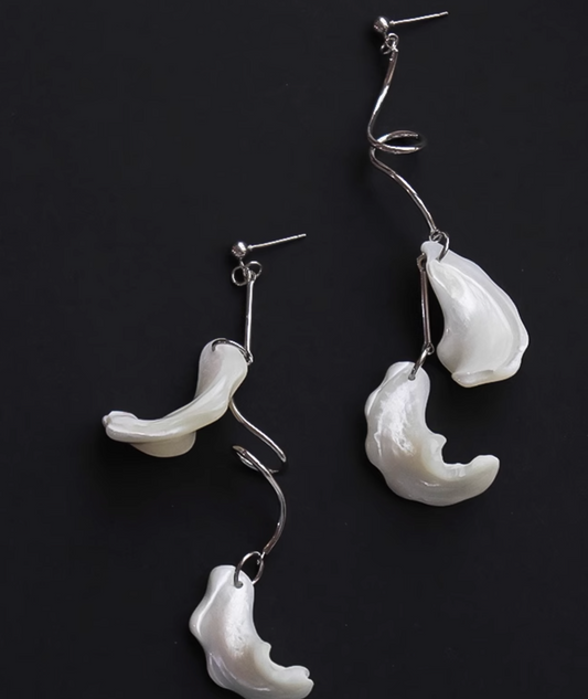 Seashell Pearl Earrings, Exaggerated, Asymmetrical, Gentle, Personalized Cloud Earrings with Silver Pins
