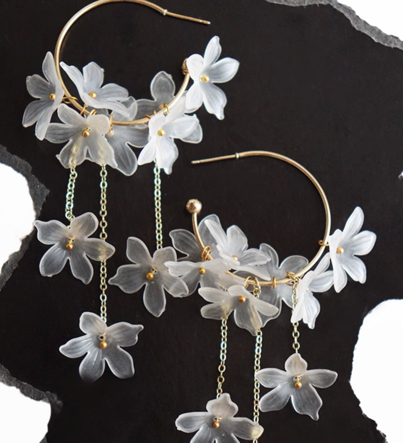 Original Fairy-style Semi-transparent Floral Tassel Cloud Earrings, Long and Exaggerated, Elegant, Vacation-Style Forest Accessories with Silver Pins