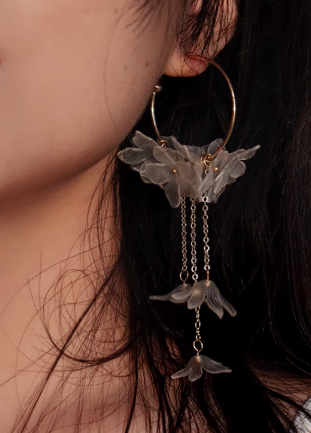 Original Fairy-style Semi-transparent Floral Tassel Cloud Earrings, Long and Exaggerated, Elegant, Vacation-Style Forest Accessories with Silver Pins