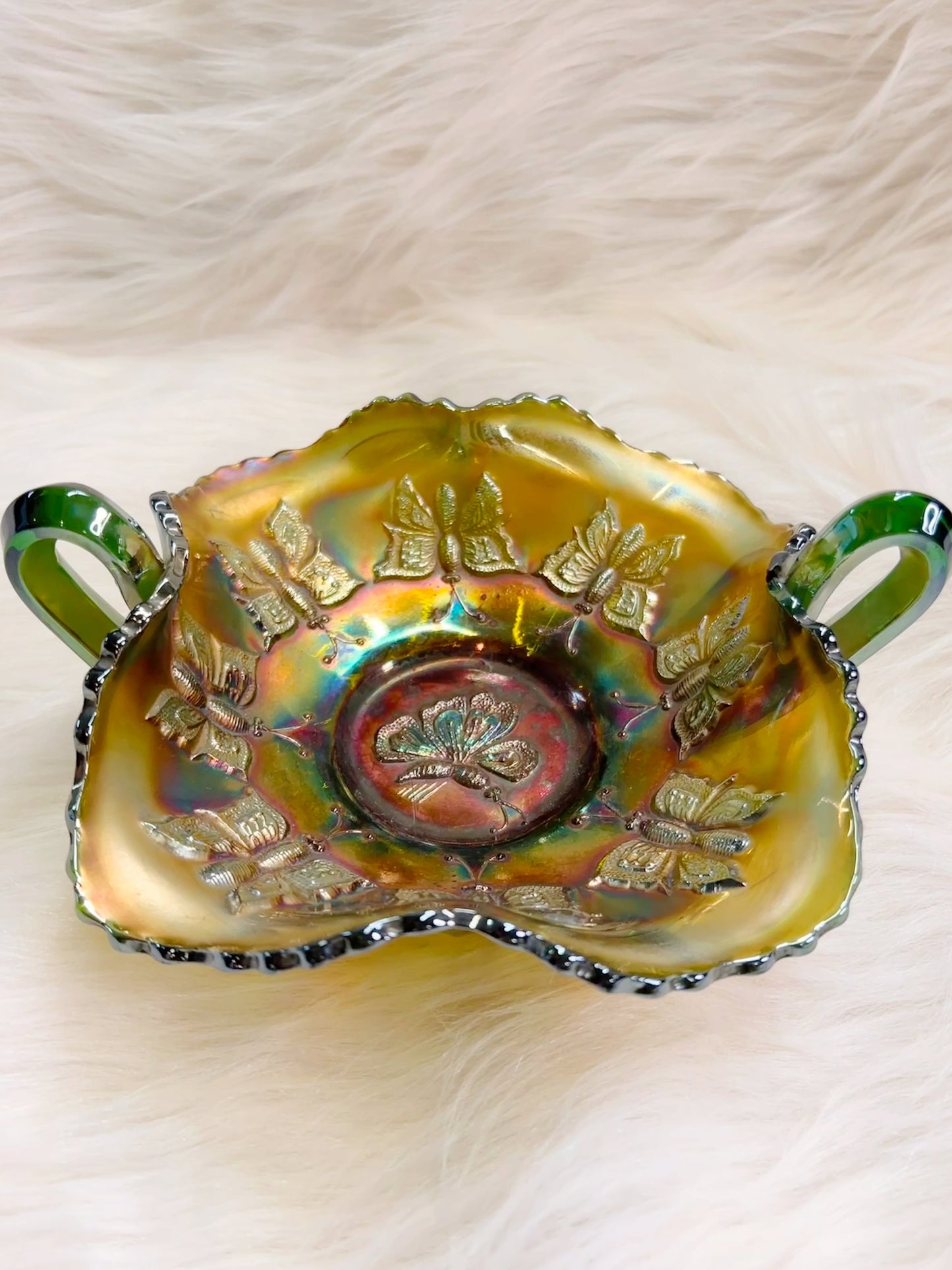 Antique Crown Crystal Butterfly Prasem Carnival Glass Bowl [with Exclusive NFT]